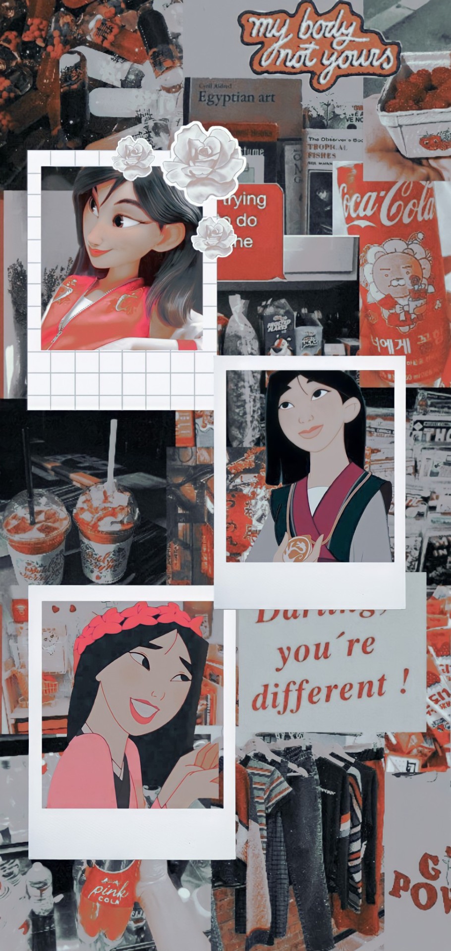 A collage of pictures with different characters - Mulan