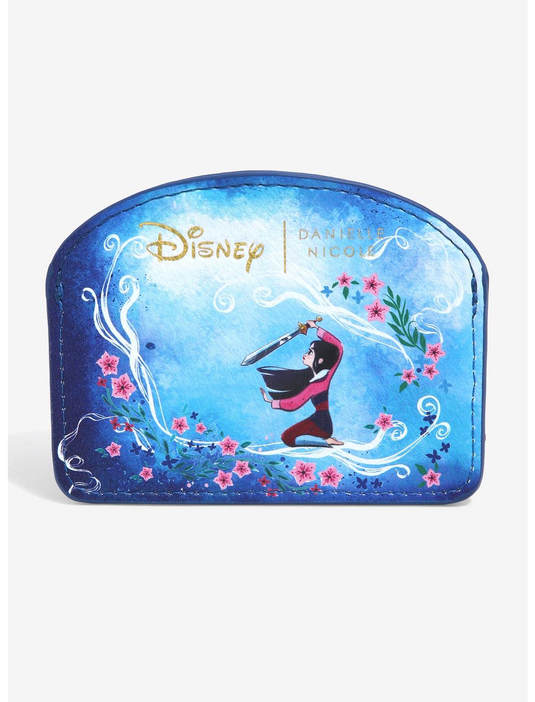 This wallet is inspired by Mulan and has a blue background with pink flowers. - Mulan