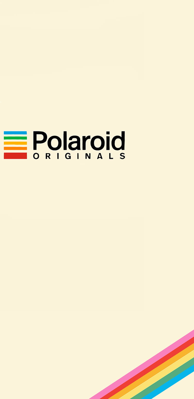 Polaroid Originals wallpaper featuring the Polaroid Originals logo on a light yellow background with a rainbow stripe at the bottom. - Polaroid