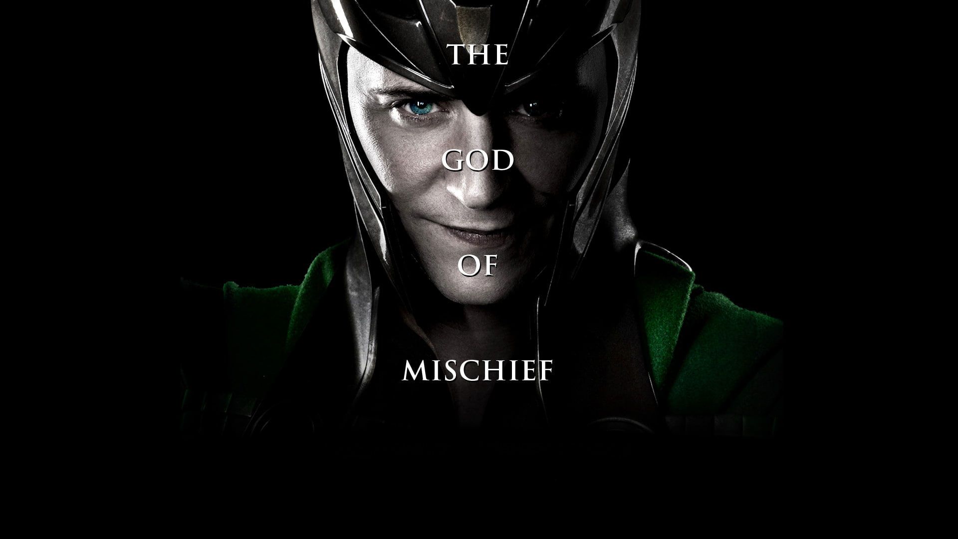 Tom Hiddleston as Loki in The Avengers, wearing his helmet and looking smug with the words 