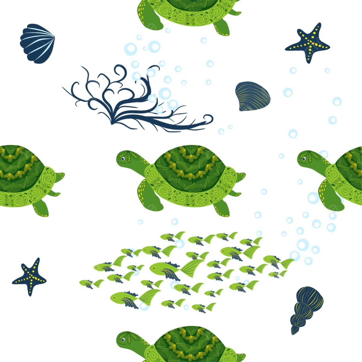 A pattern of green sea turtles, starfish, and shells - Turtle