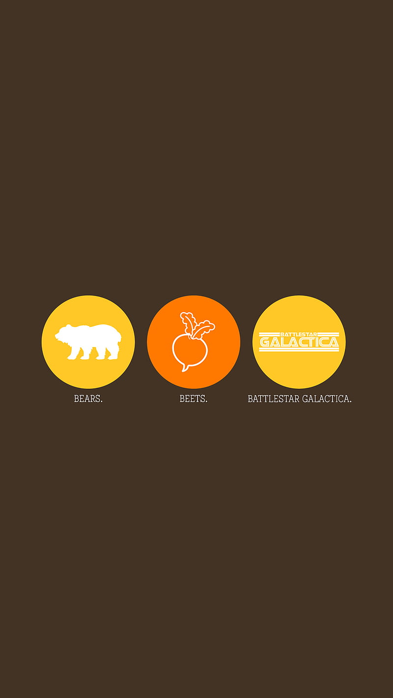 Minimalistic design of three circles with a bear, beet, and Battlestar Galactica logo. - The Office