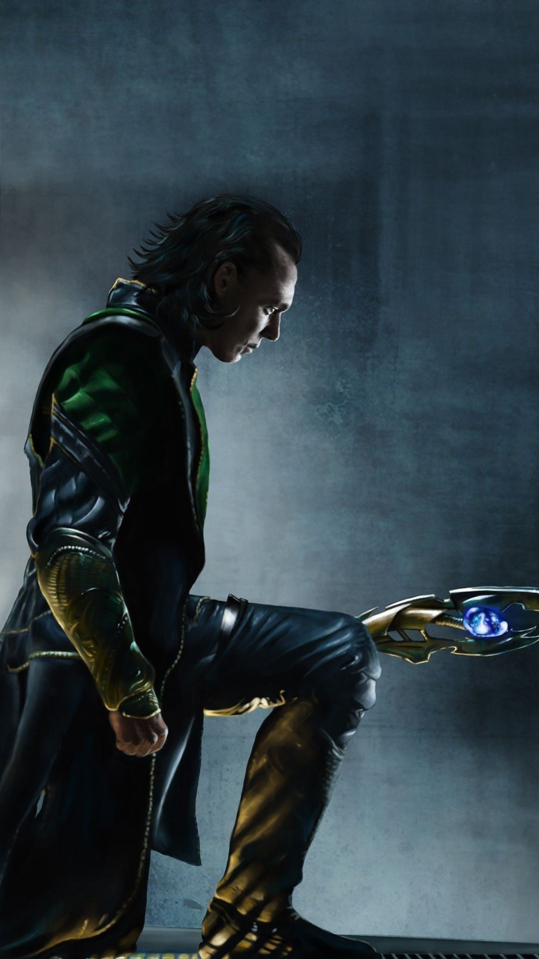 A man in green and black is holding an object - Loki