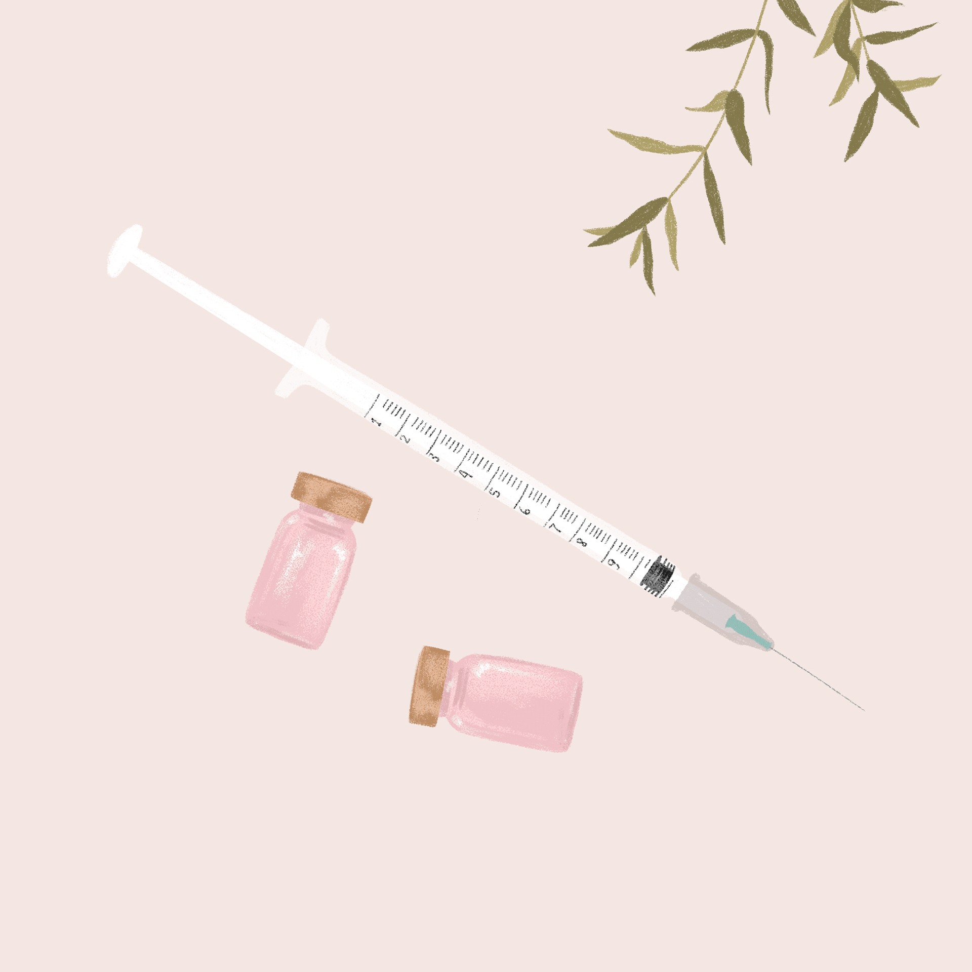 A syringe, two pink bottles and some green leaves - Nurse
