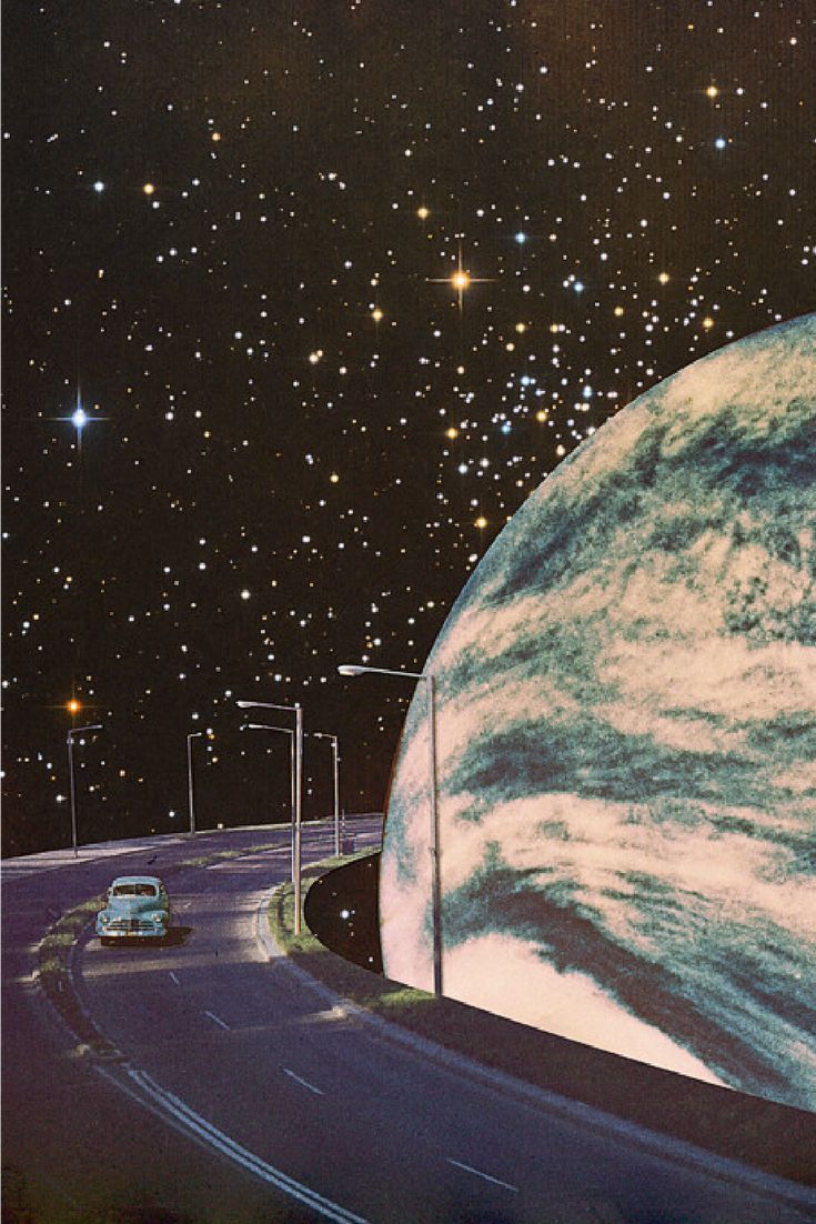 Space collage of a car on a highway next to a planet. - Road