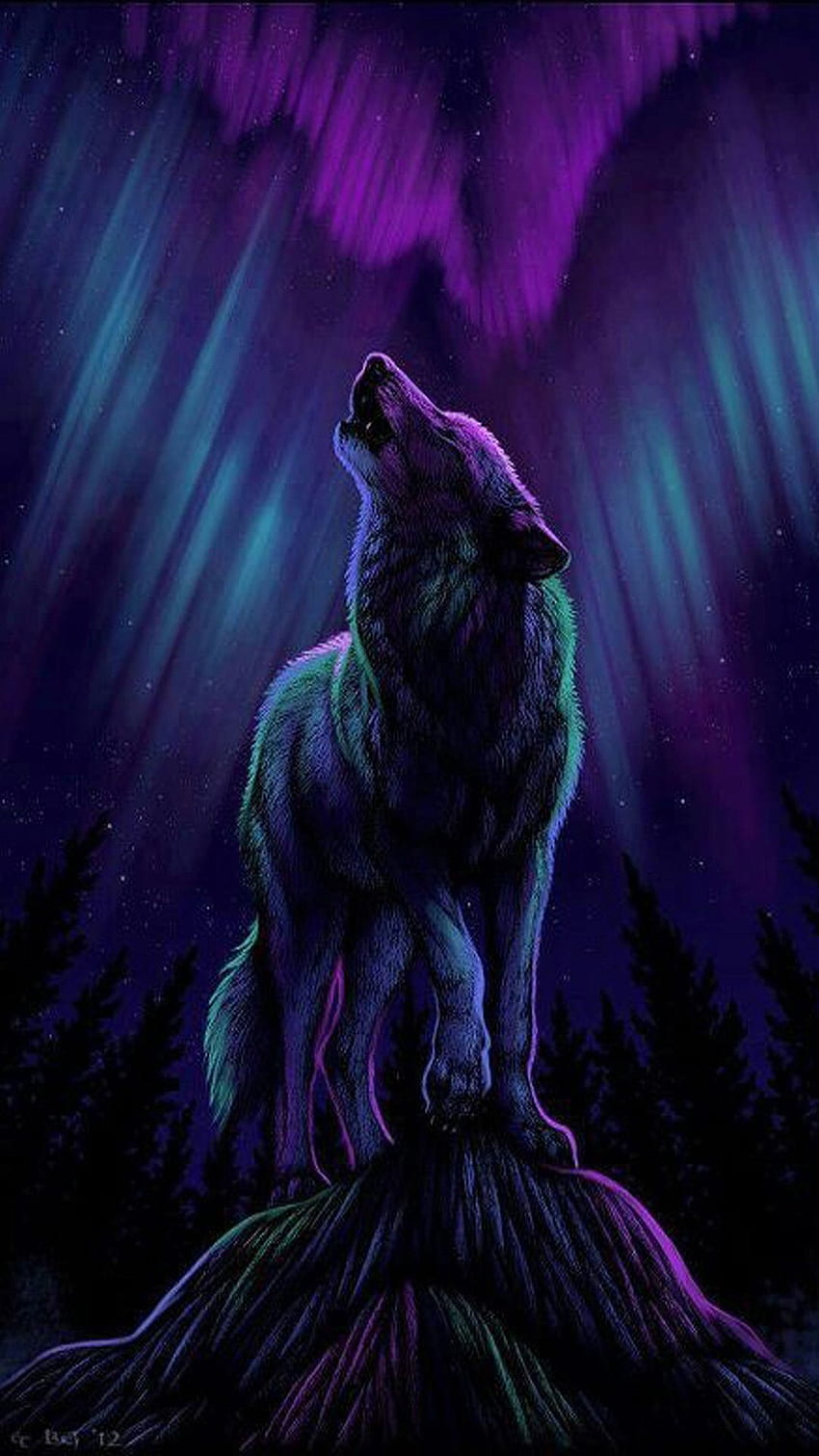 IPhone wallpaper of a wolf howling at the Northern Lights. - Wolf