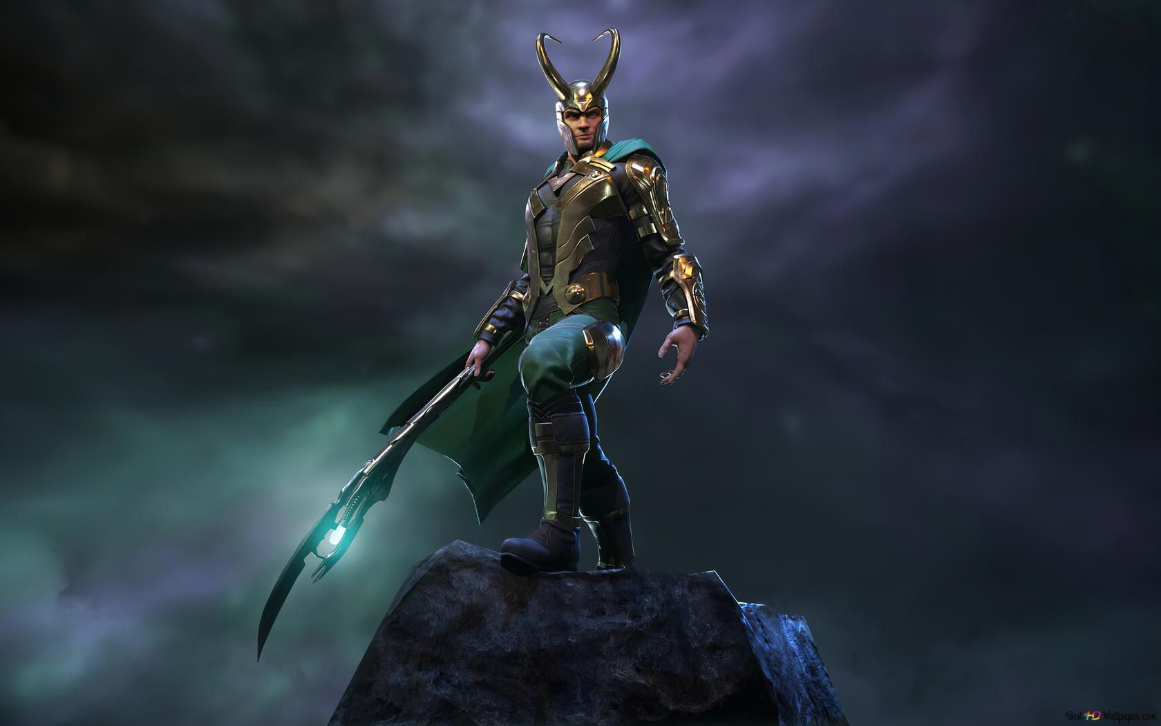 Loki Standing On Rock With His Space Stone Sword 4K wallpaper download