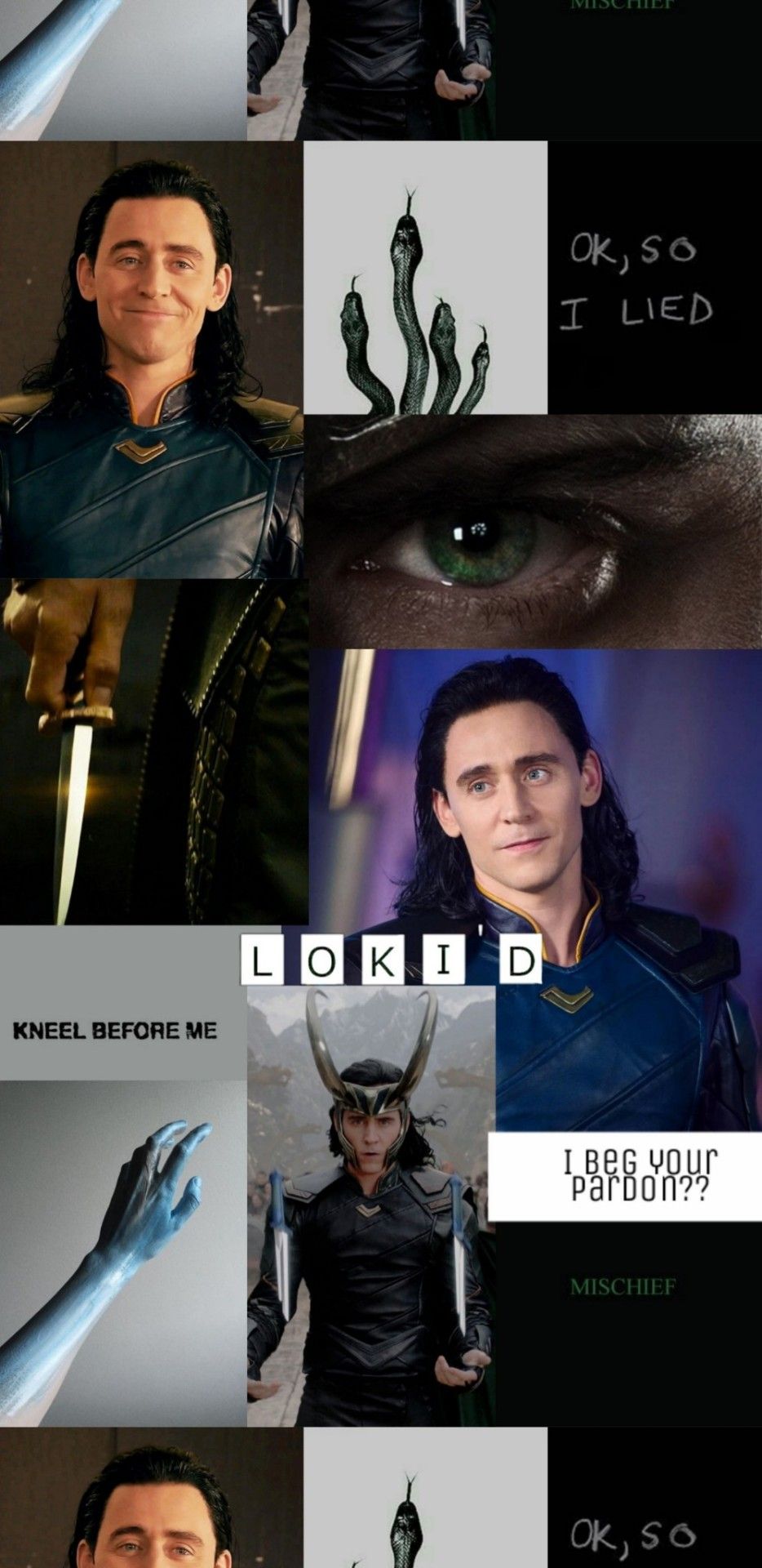 A collage of pictures of Tom Hiddleston as Loki from the Marvel Cinematic Universe. - Loki