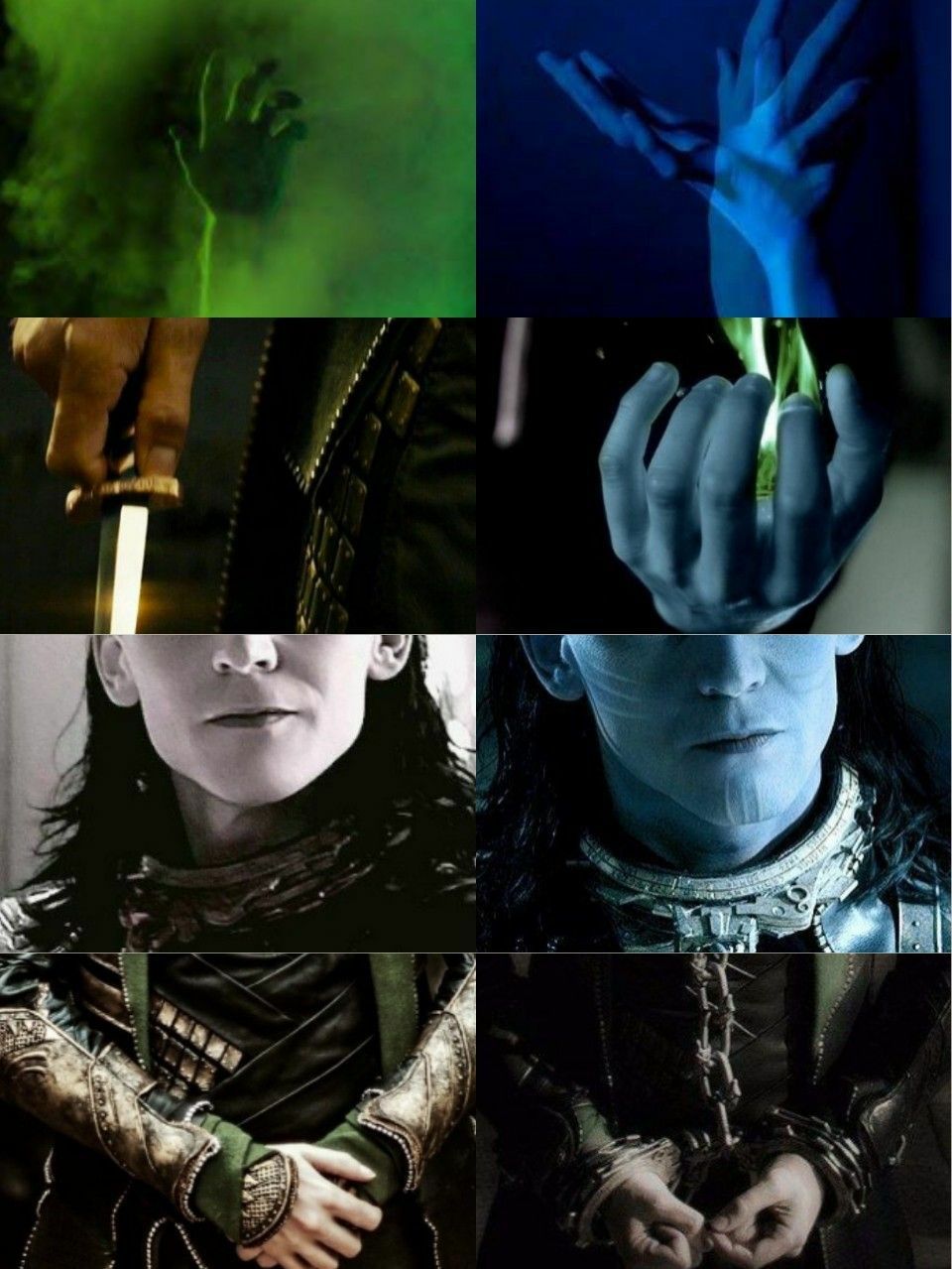 Collage of Tom Hiddleston as Loki, with his staff, holding a blue flame, and with his hands on his heart - Loki