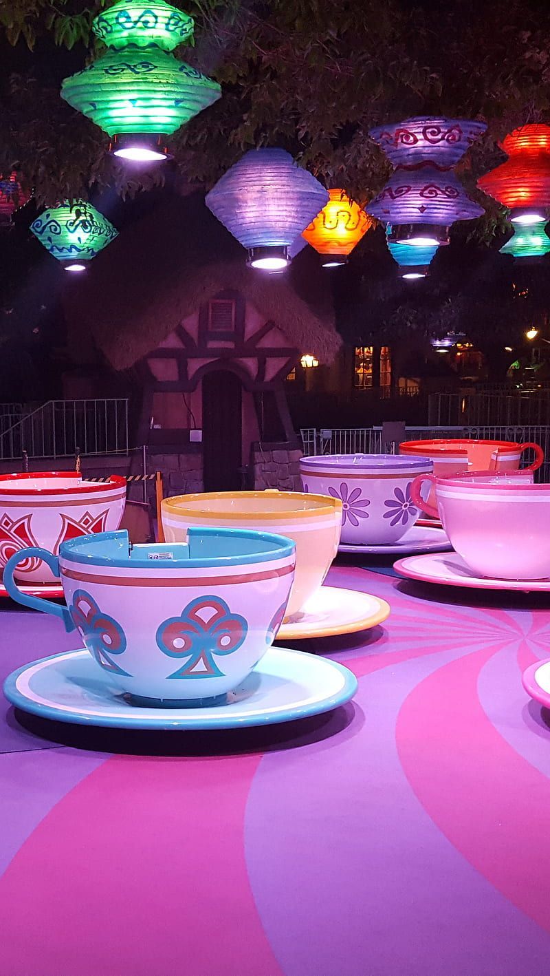 Teacup ride at night, ca night, disney, disneyland, fun, light, pink purple, HD phone wallpaper