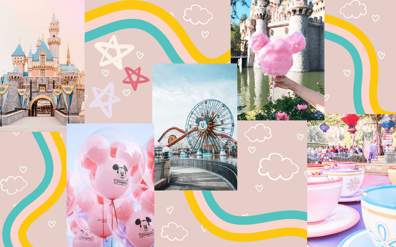 A collage of images from Disneyland including the castle, cotton candy, and balloons. - Disneyland