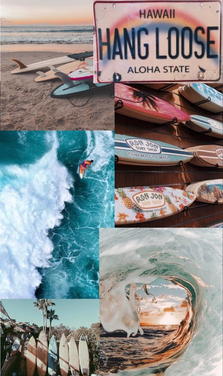 Surfboards, the ocean, and a sunset are featured in this collage. - Surf