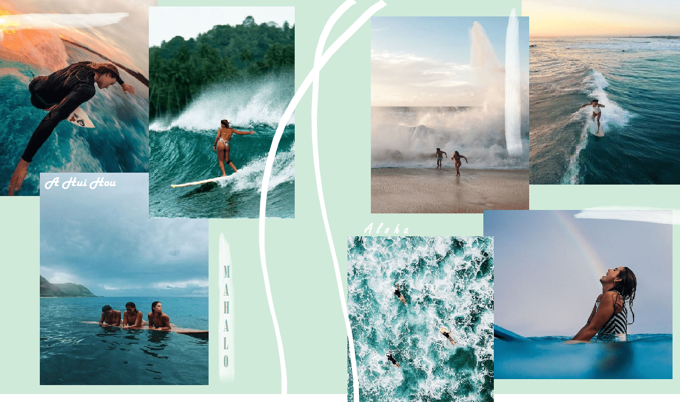 A collage of pictures showing people surfing - Surf, Hawaii