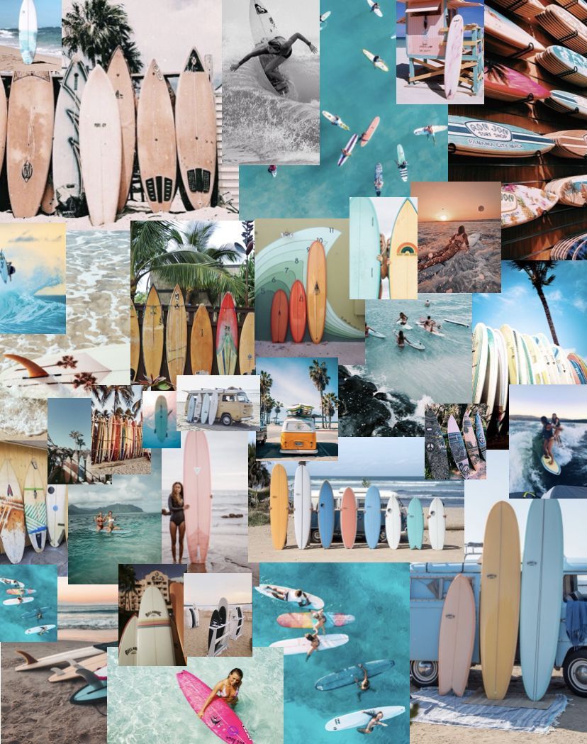 A collage of surfboards, beach photos, and people surfing. - Surf