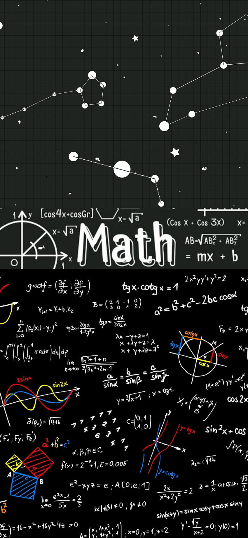Math wallpaper with formulas, figures and equations. Space background. Blackboard. Handwriting. For any devices - Math