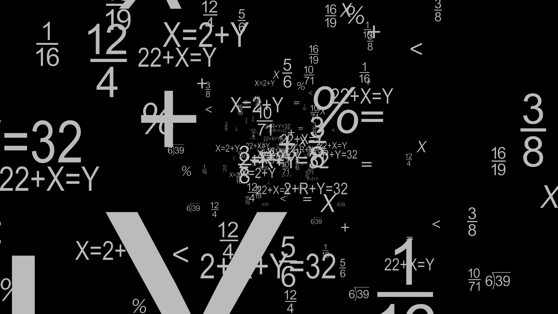 A black and white image of mathematical equations and symbols on a dark background. The equations include addition, subtraction, multiplication, division,百分比, and more. The symbols include parentheses, exponents, and roots. - Math