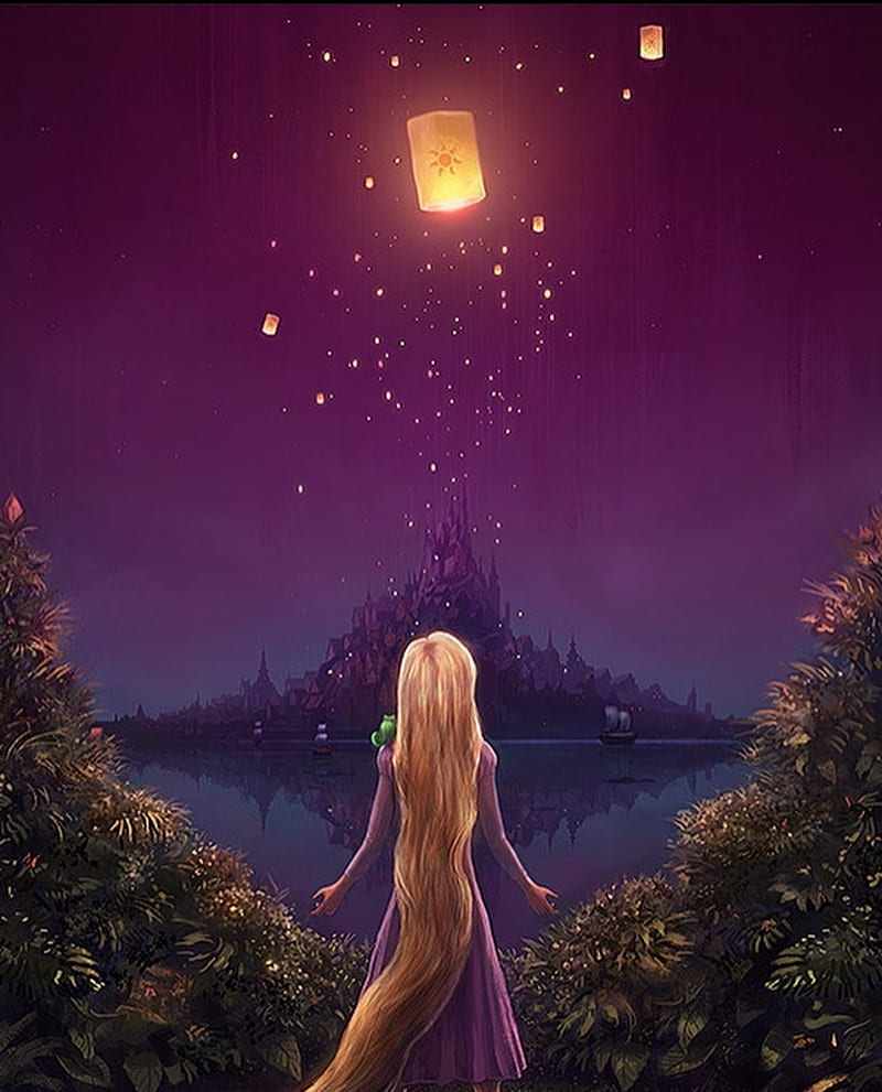 A blonde girl with long hair and a purple dress looks up at a purple sky filled with lanterns. - Rapunzel