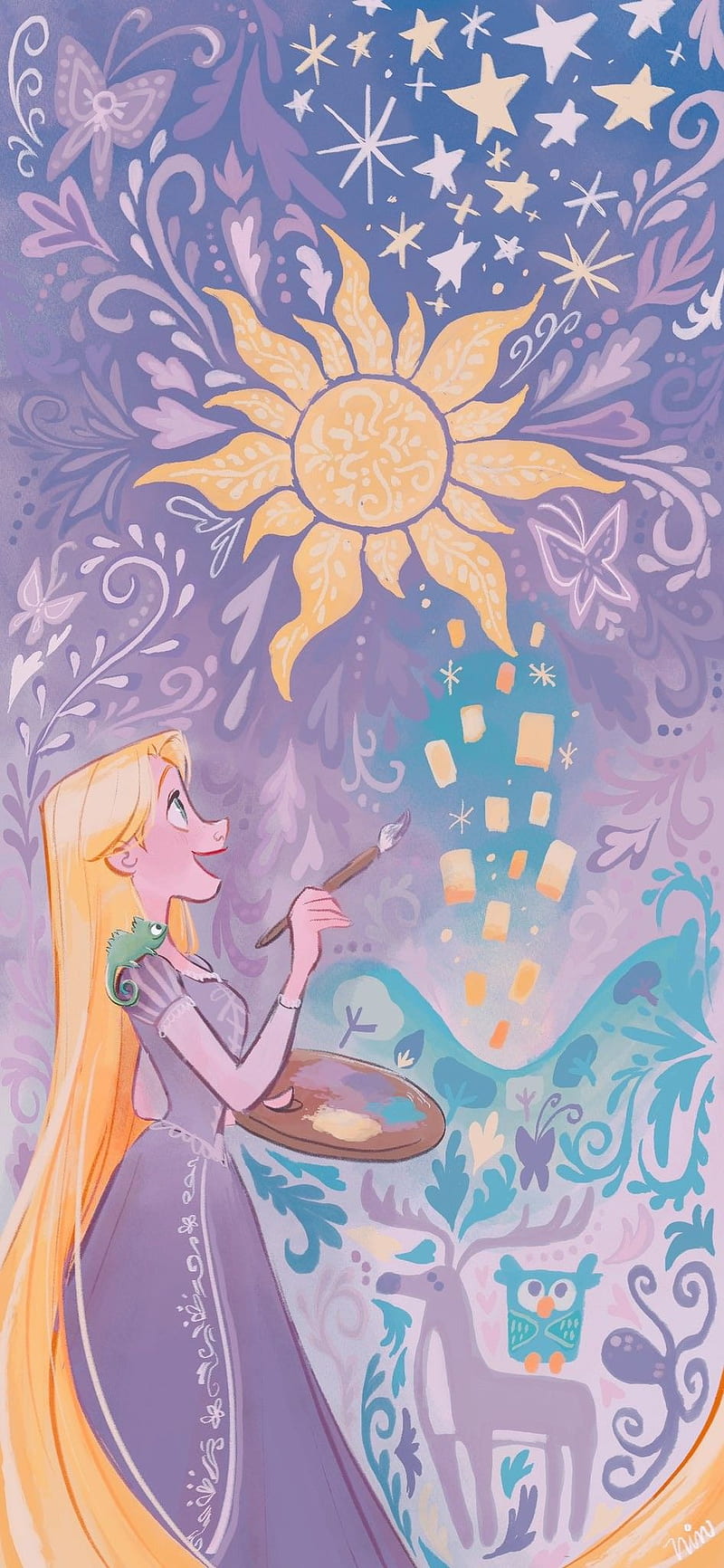A girl is painting the sky with stars - Rapunzel