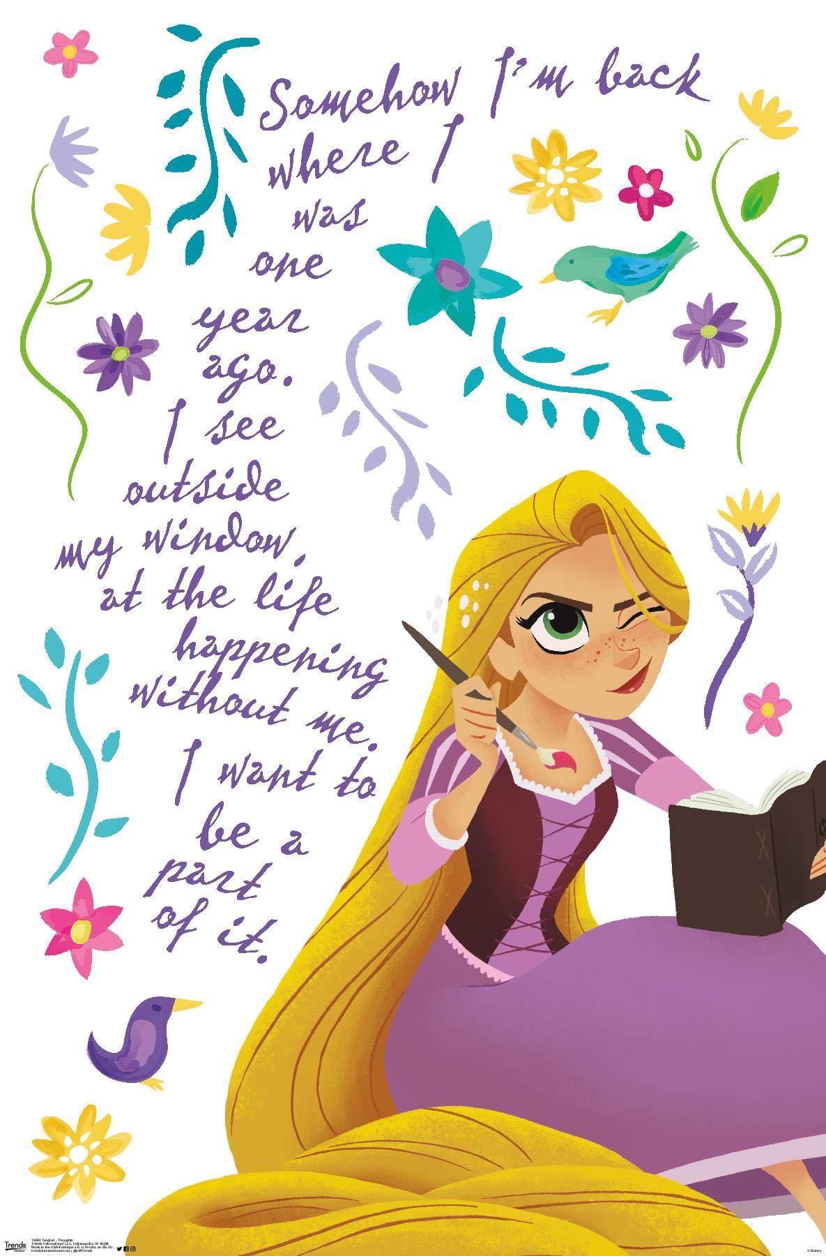 A poster of Rapunzel from Tangled reading a book with a quote from the movie. - Rapunzel