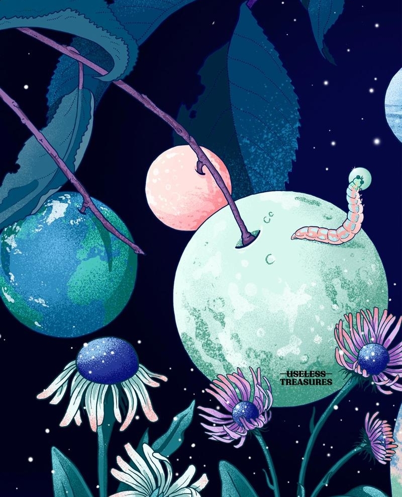 A digital illustration of a caterpillar on a leaf, with flowers and planets in the background. - Science