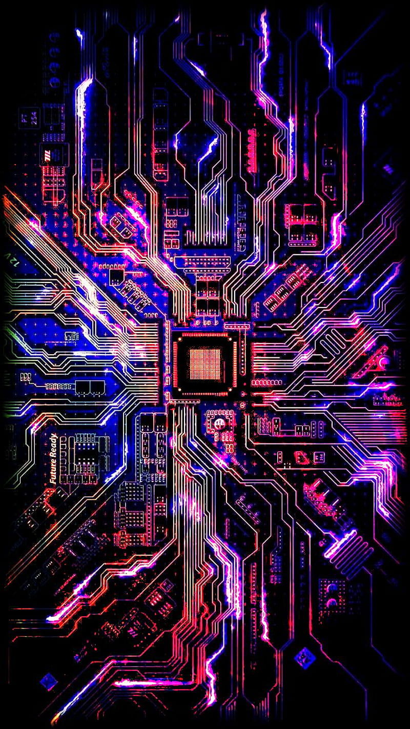 A computer chip with bright colors and lines - Science