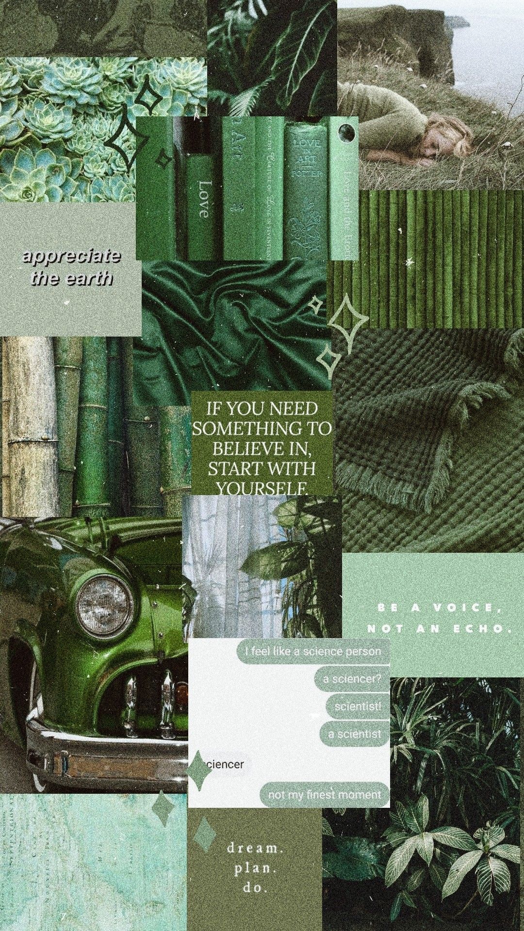 A collage of green aesthetic images including vintage car, books, plants, and forest scenery. - Science