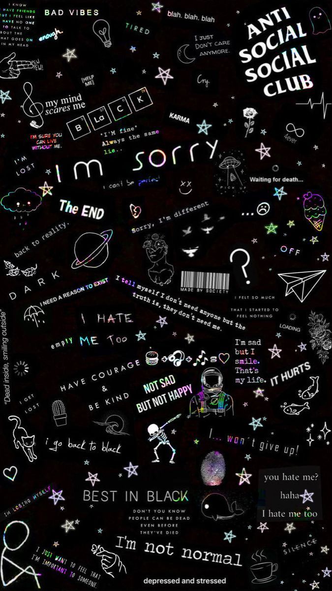 A black background with many stickers and text - Science