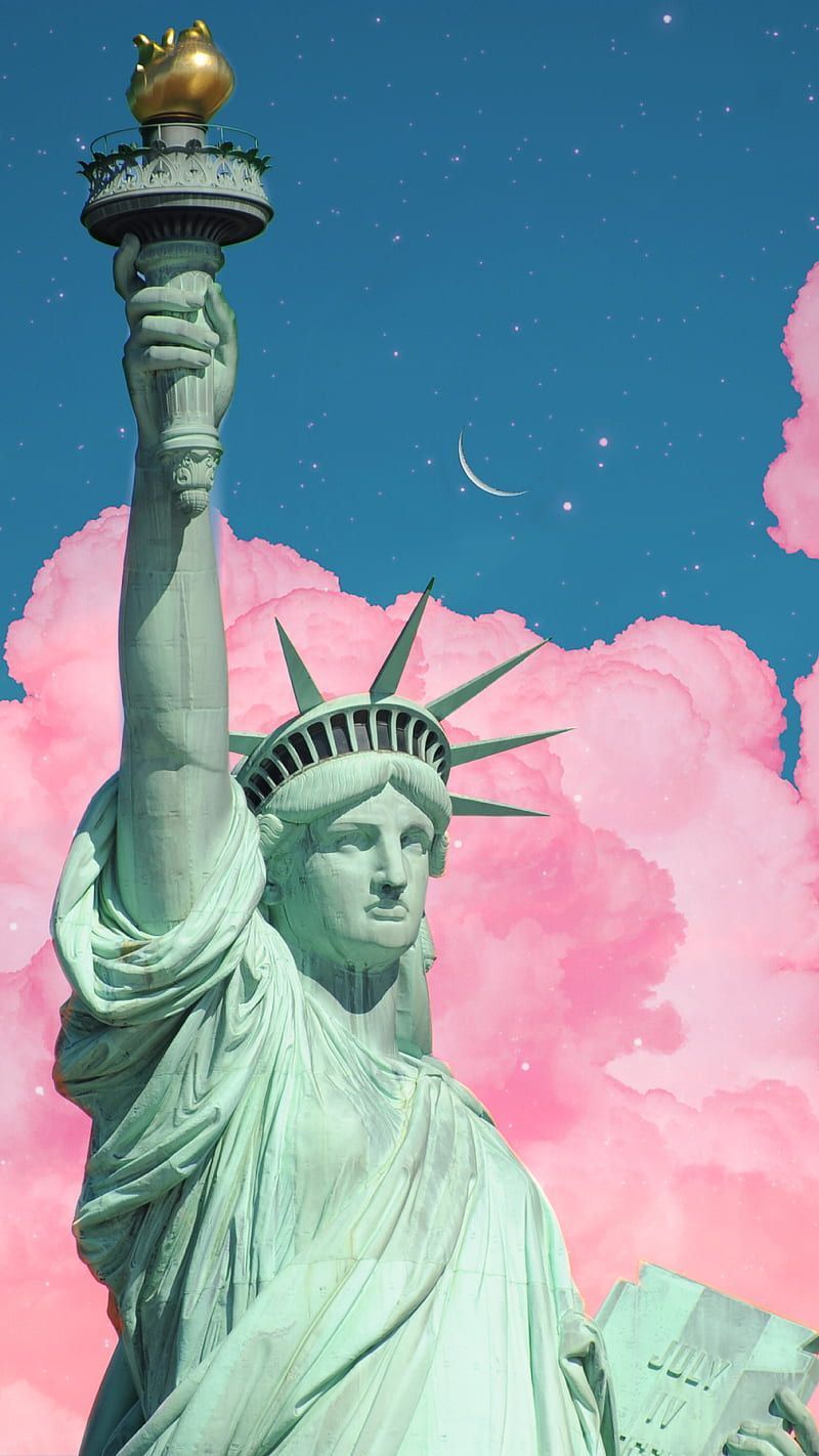 Statue of liberty, apple, manhattan, statue, texas, york, aesthetic, clouds, HD phone wallpaper