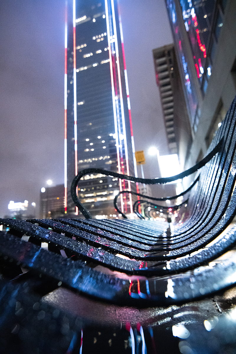 Rainy nights, America, Dallas, Texas, bench, black, cities, cityscape, closeup, HD phone wallpaper