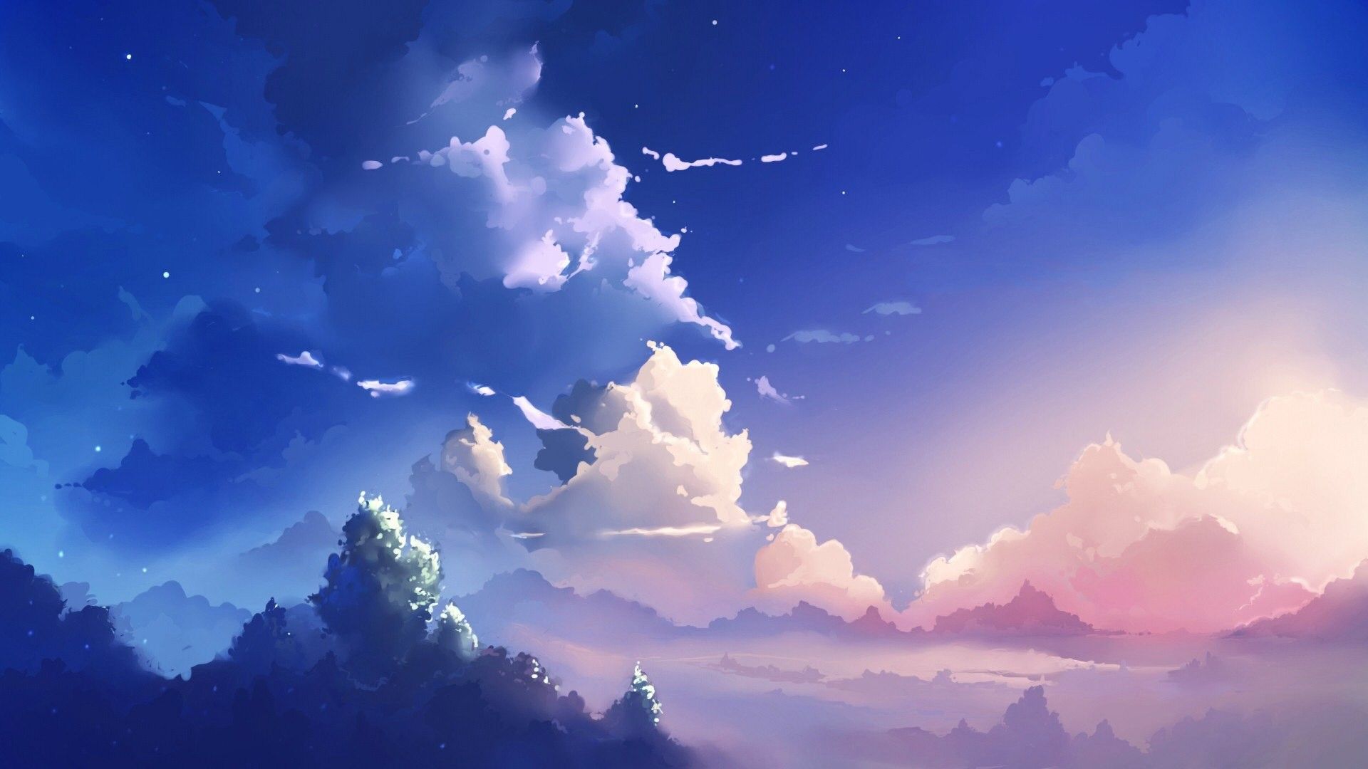 A painting of clouds and mountains in the sky - Landscape, anime landscape, 1920x1080, blue anime, Japan, HD, scenery, Japanese