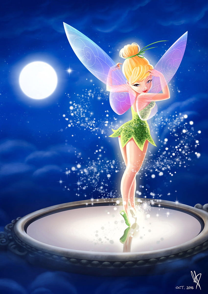 Tinker Bell standing on a silver dish in the moonlight - Tinkerbell