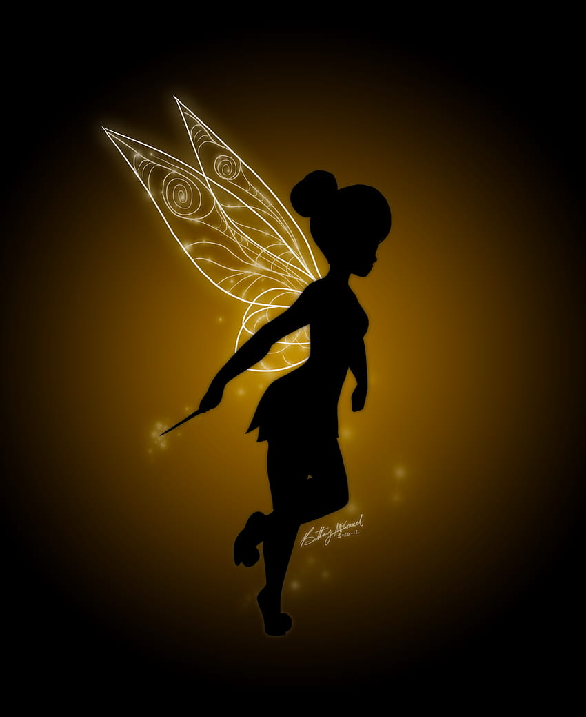 A silhouette of a fairy with wings and a wand. - Tinkerbell