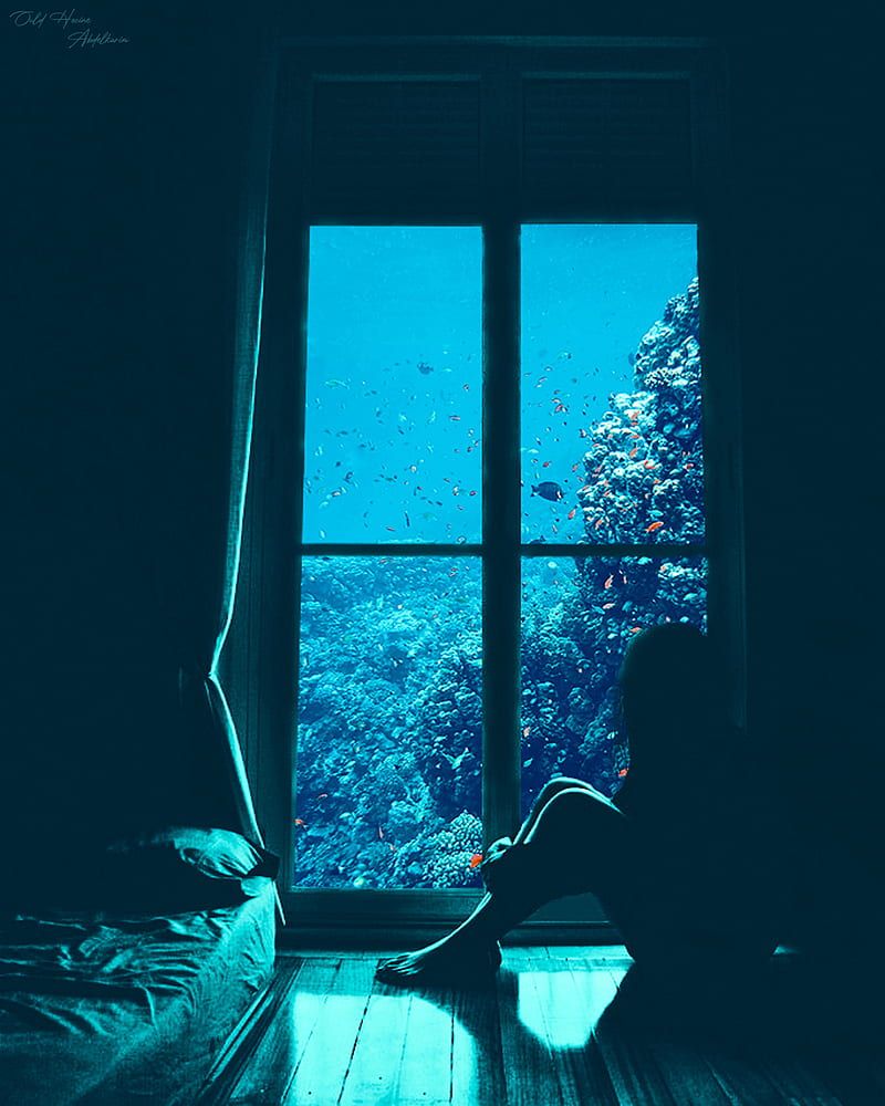 A person sitting in front of an open window - Underwater