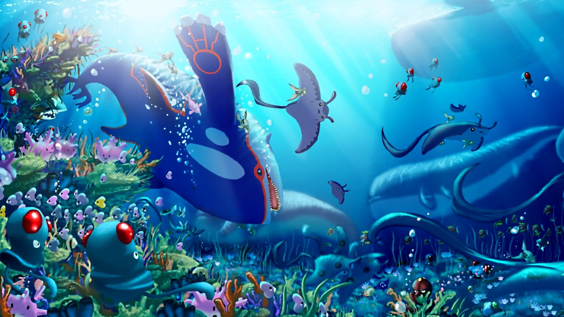 A cartoon underwater scene with lots of sea creatures - Underwater, Pokemon