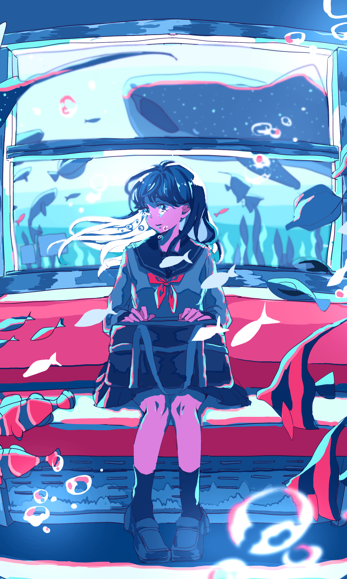 A girl sitting in the back of an old car - Underwater