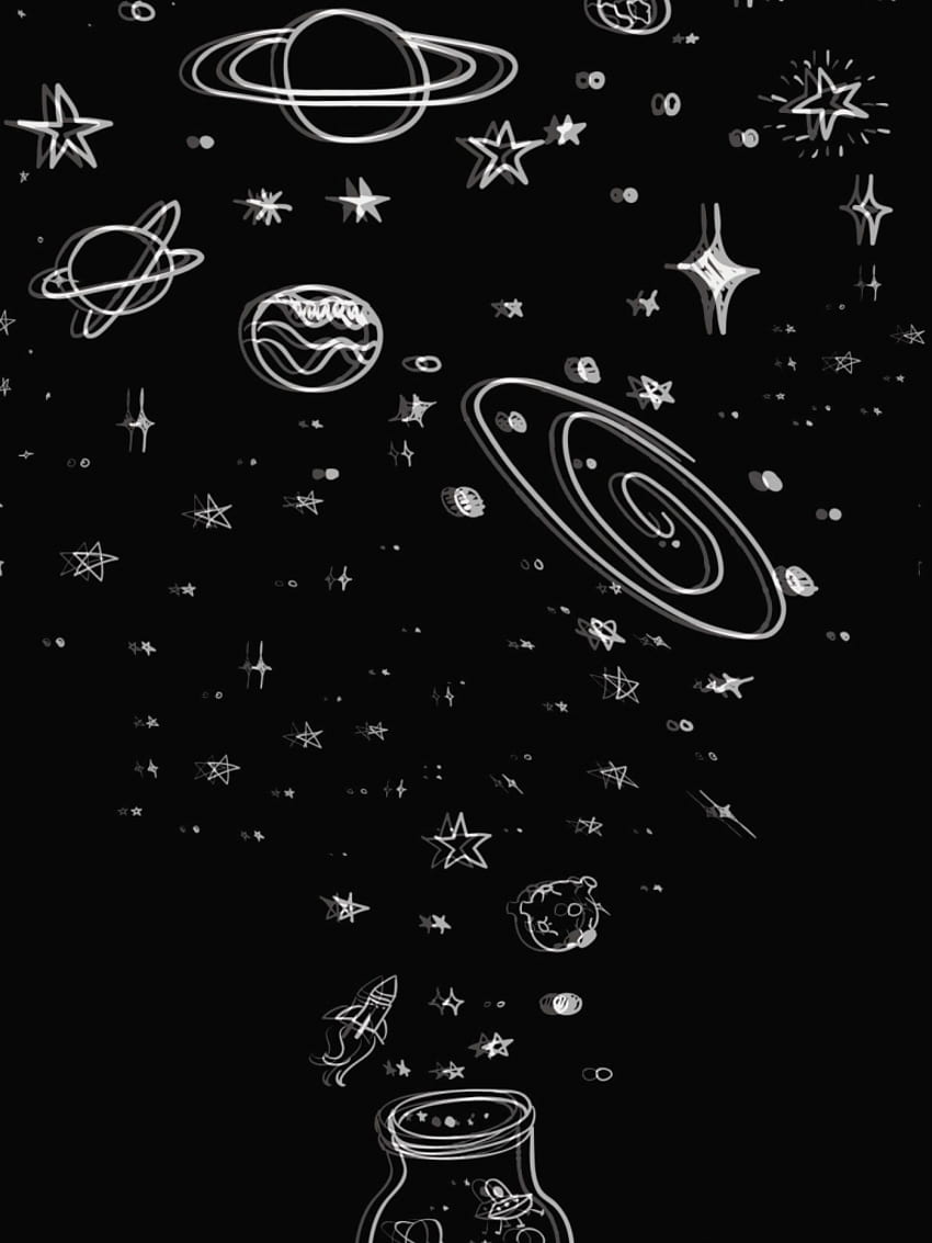 Black background with white planets, stars, and a rocket ship - Doodles