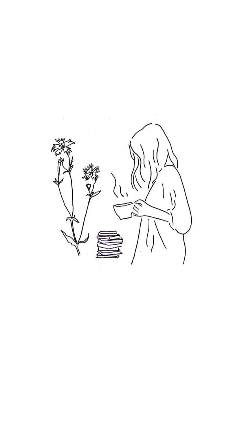 A woman drinking coffee next to a flower and a stack of books. Aesthetic. - Doodles