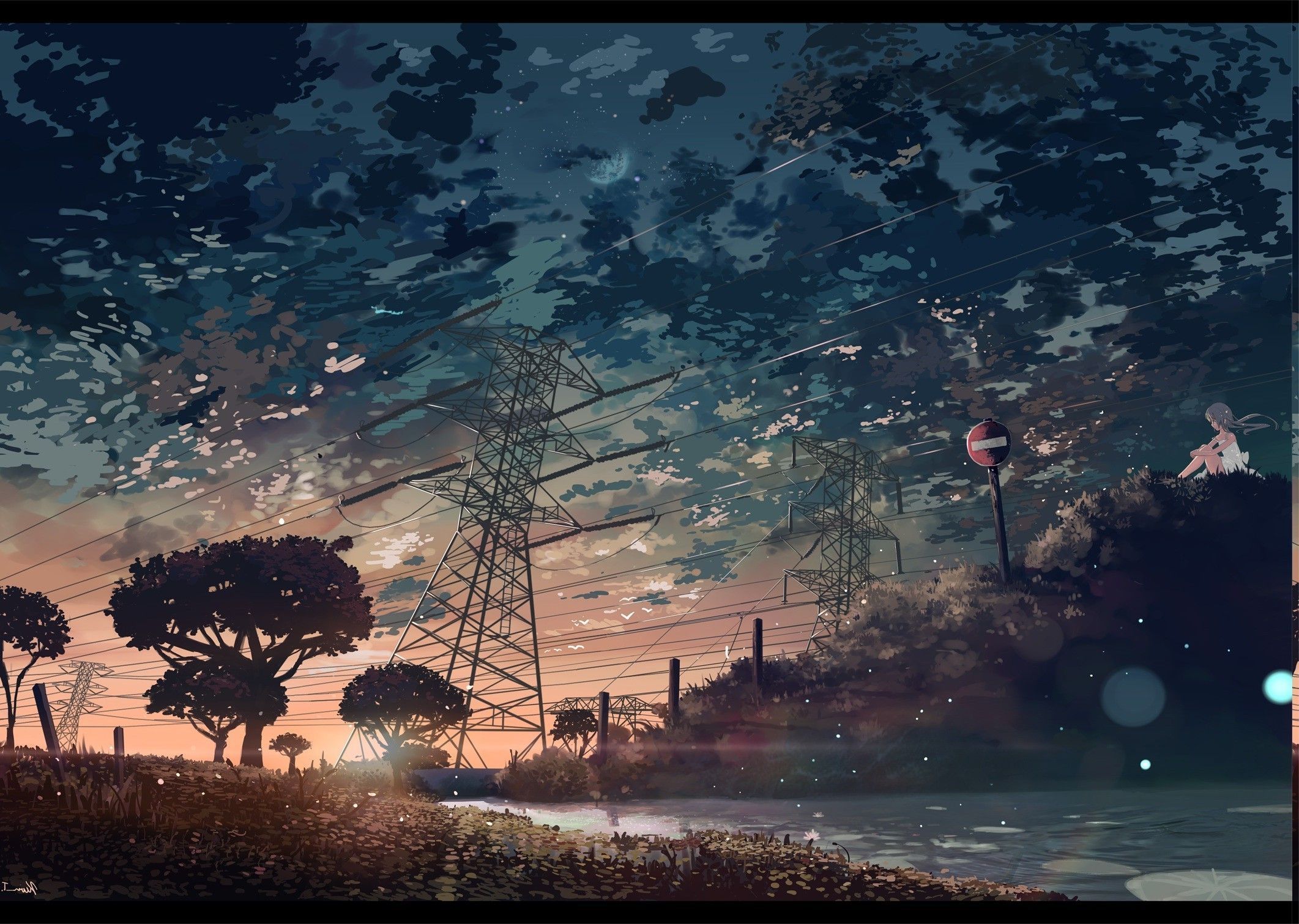 A painting of an electric tower in the sky - Landscape, vintage, anime, retro, scenery, nature, anime sunset