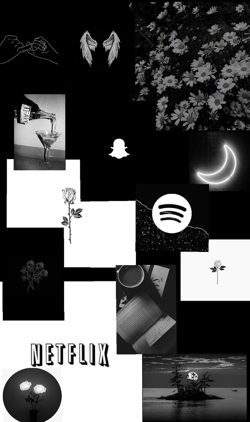 Aesthetic black and white phone background with Netflix, Spotify, and Snapchat icons - Netflix