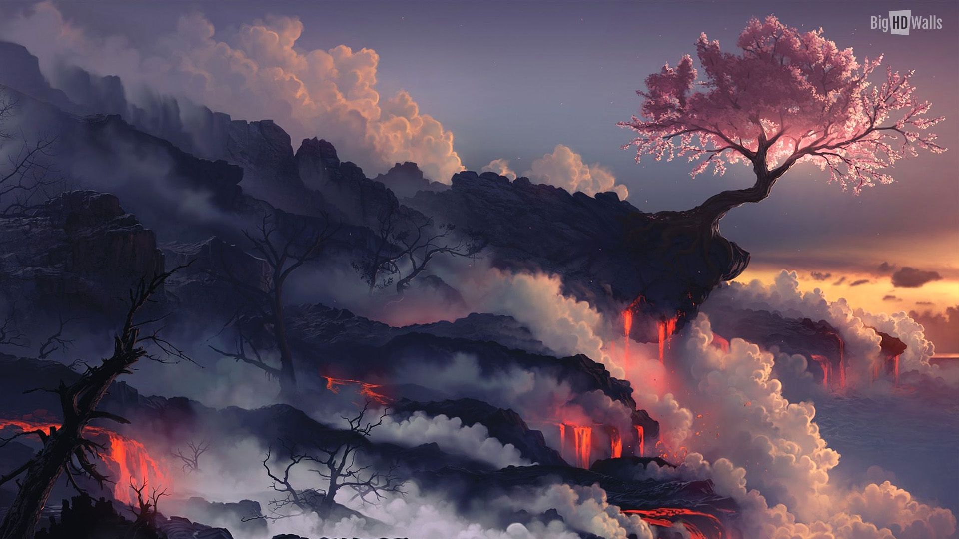 A painting of an island with trees and smoke - Landscape, Japan