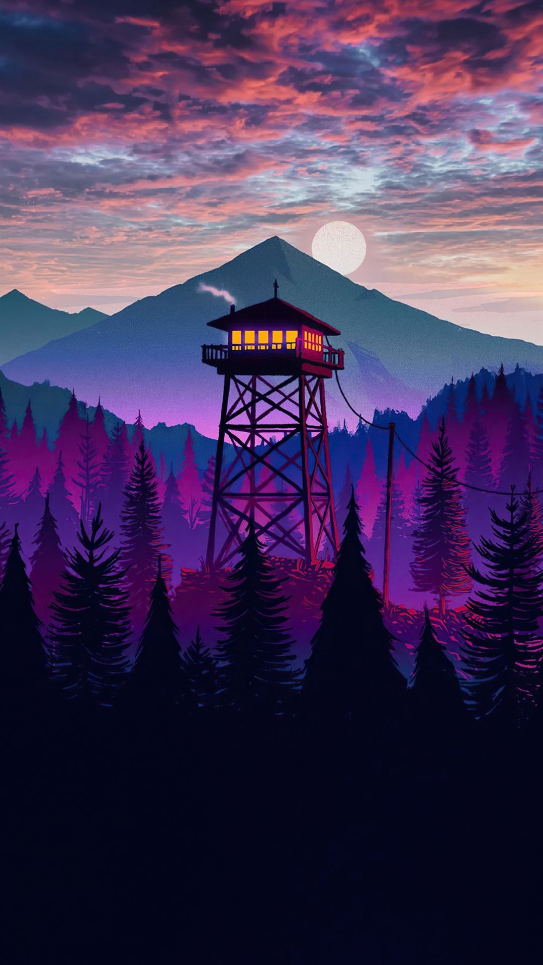 A tower with trees and mountains in the background - Landscape