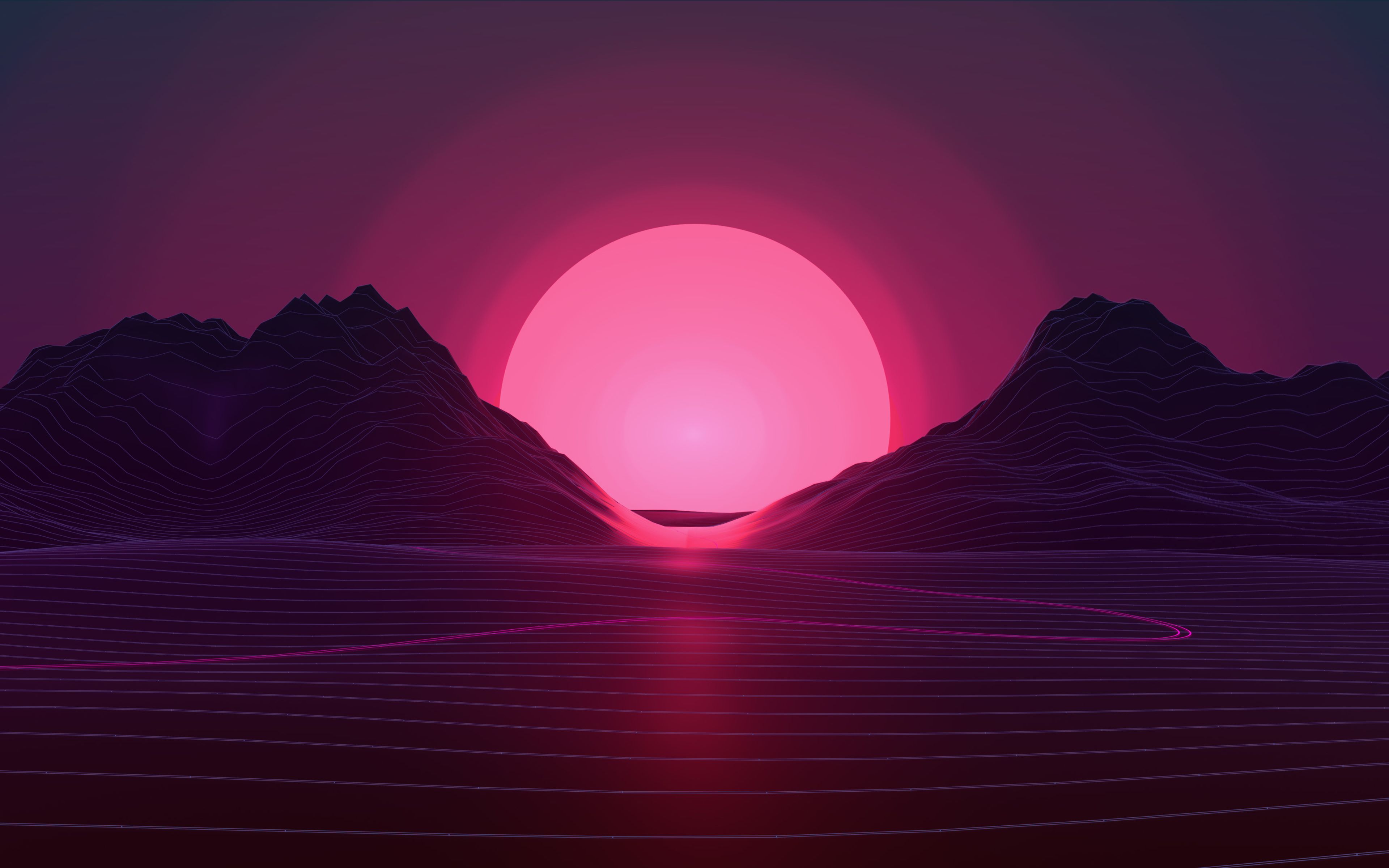 A sunset over the mountains with pink and purple colors - Landscape, neon pink, sun