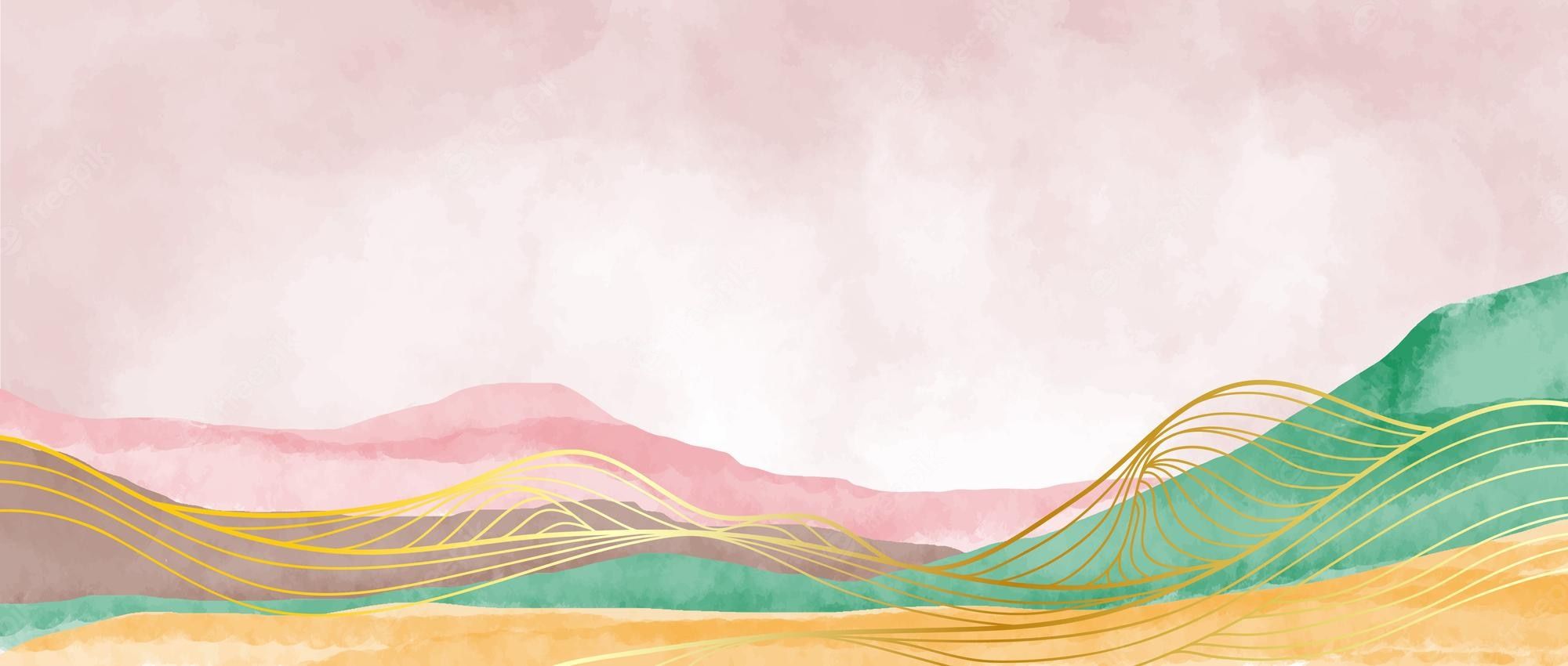 Premium Vector. Mountain landscape with watercolor brush and golden line art print abstract mountain contemporary aesthetic background landscapes vector illustrations