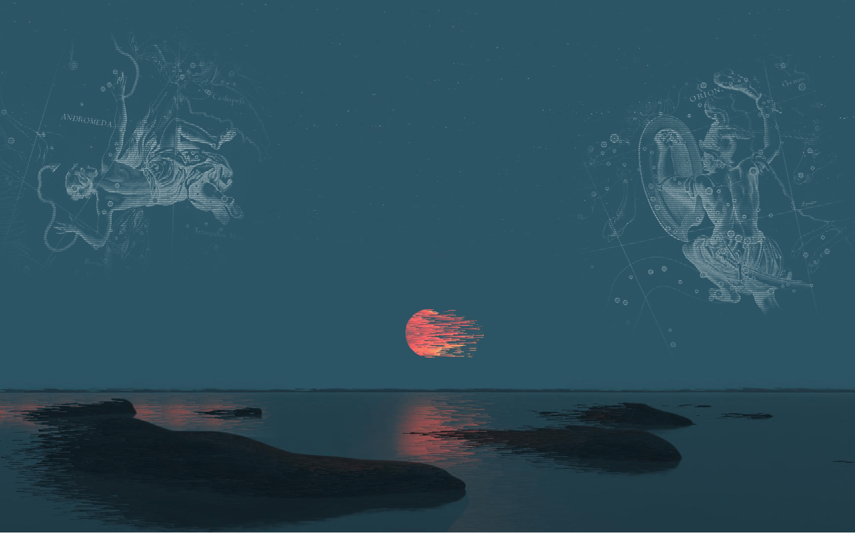 A red sun is sinking into the sea, with a zodiac chart on the right. - Computer, landscape, scenery