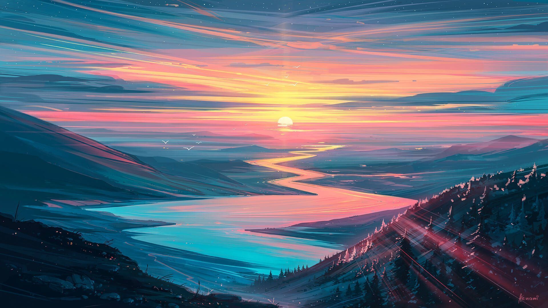 A painting of the sun setting over mountains - Landscape, scenery, river