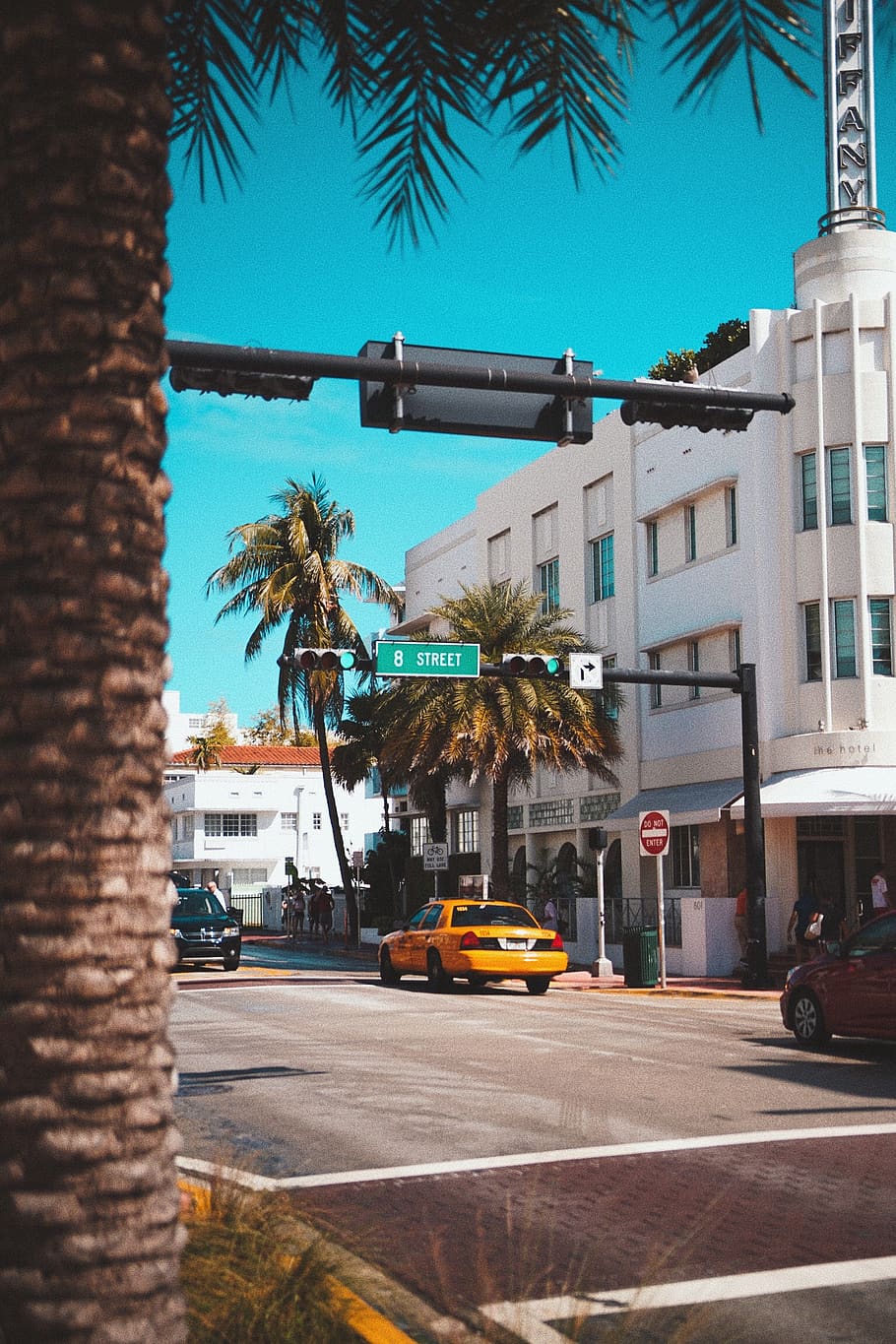 A street with traffic lights and palm trees - Miami
