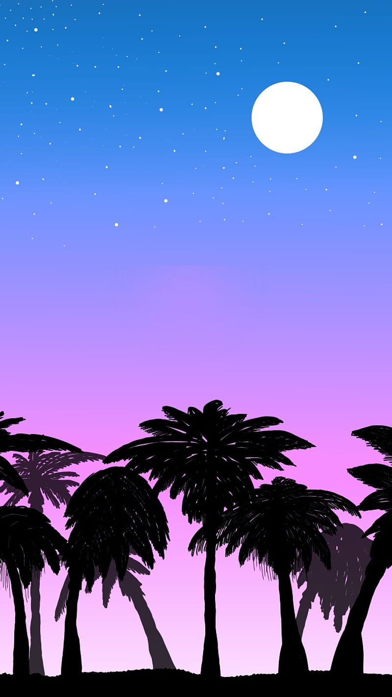 Aesthetic wallpaper for phone with palm trees and a moon - Miami