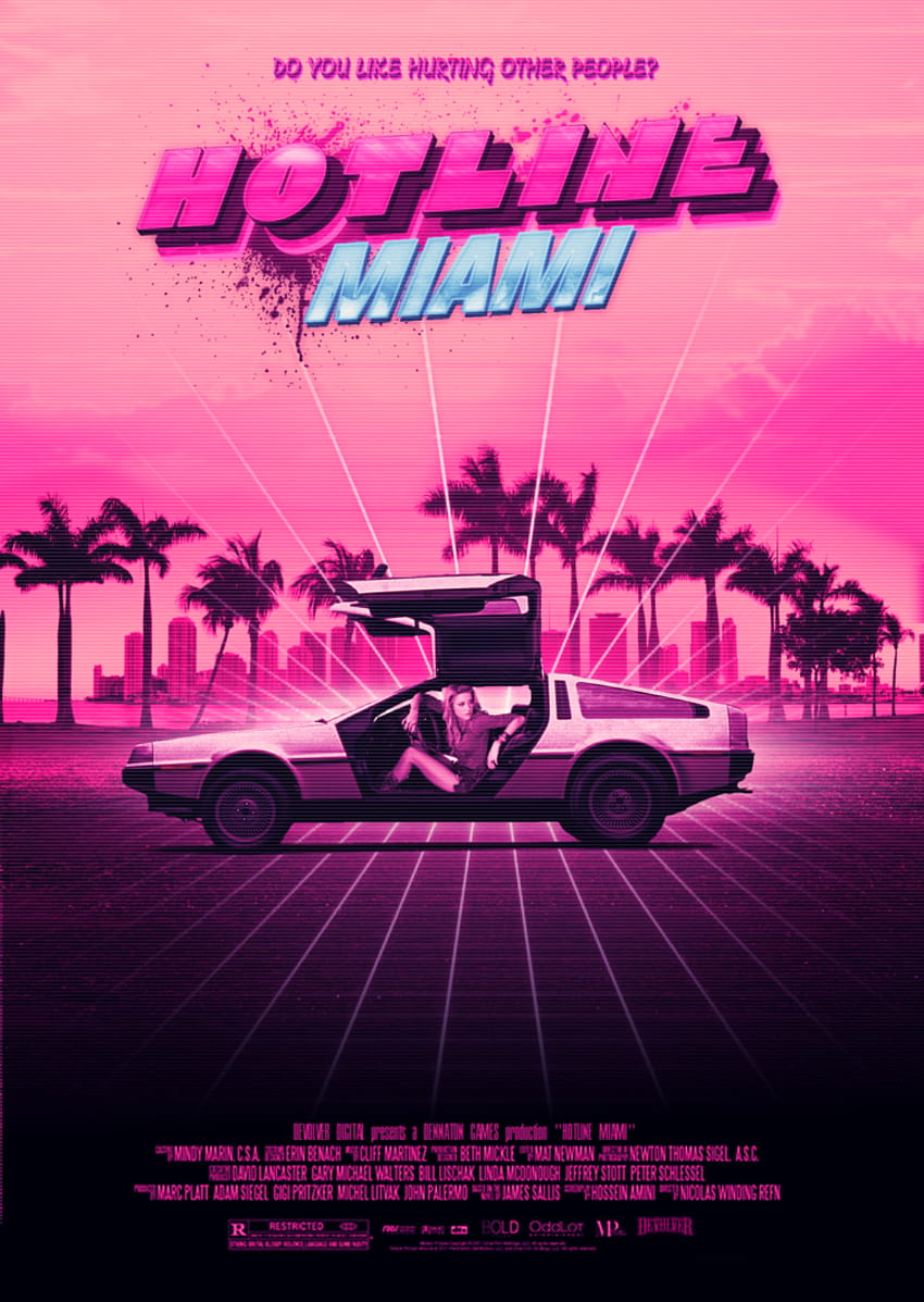 A DeLorean from the 80s is shown in a pink and purple gradient. - Miami