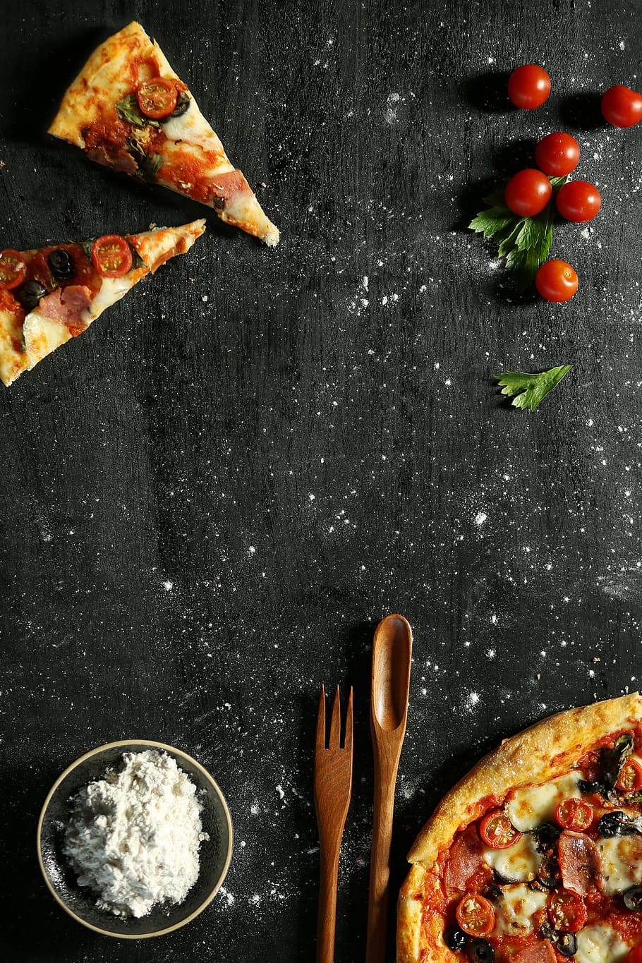 HD wallpaper: two slice of pizza near tomatoes and spoon, pizza hut, cooking