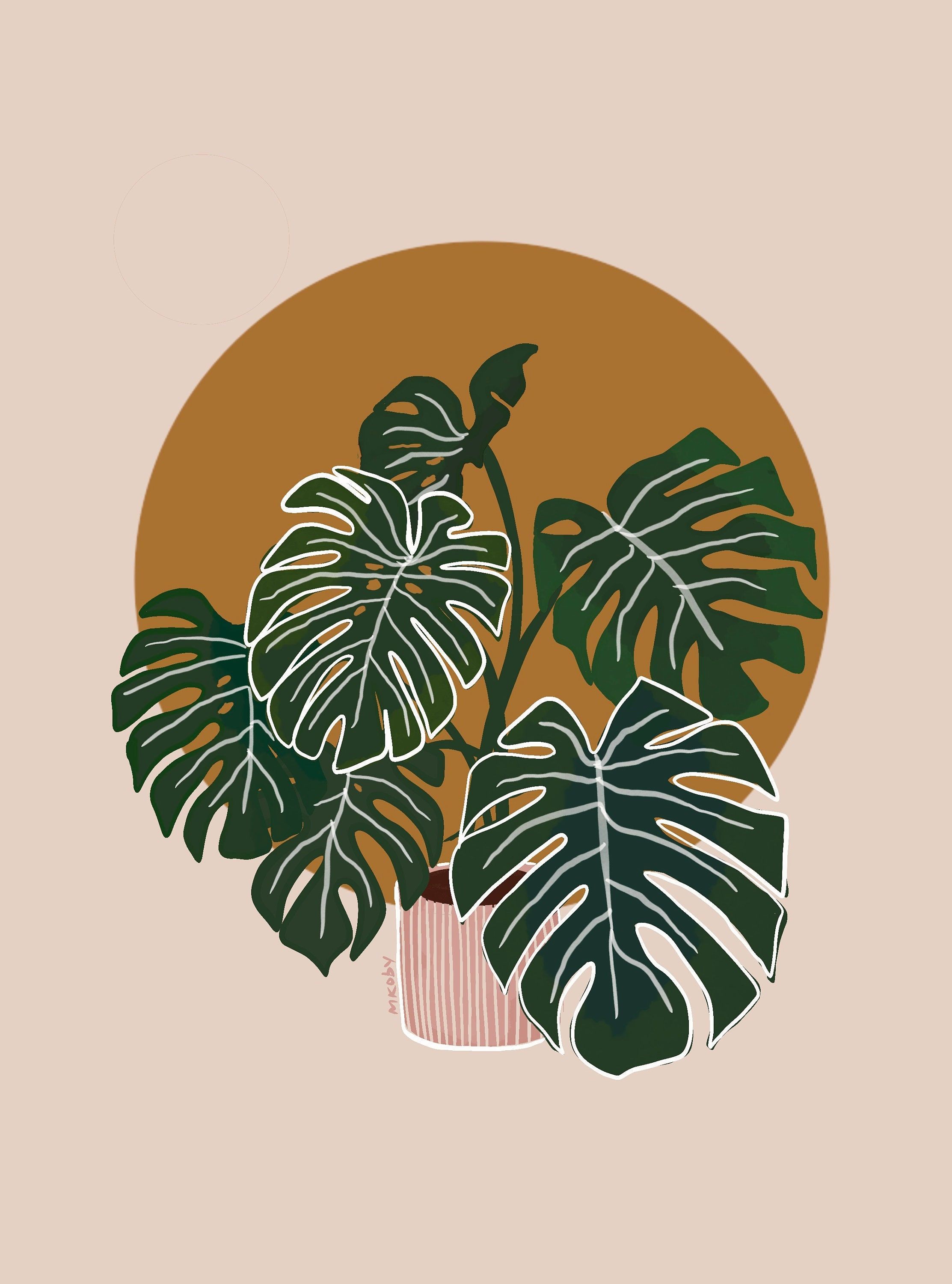 An illustration of a monstera plant with a brown background - Monstera